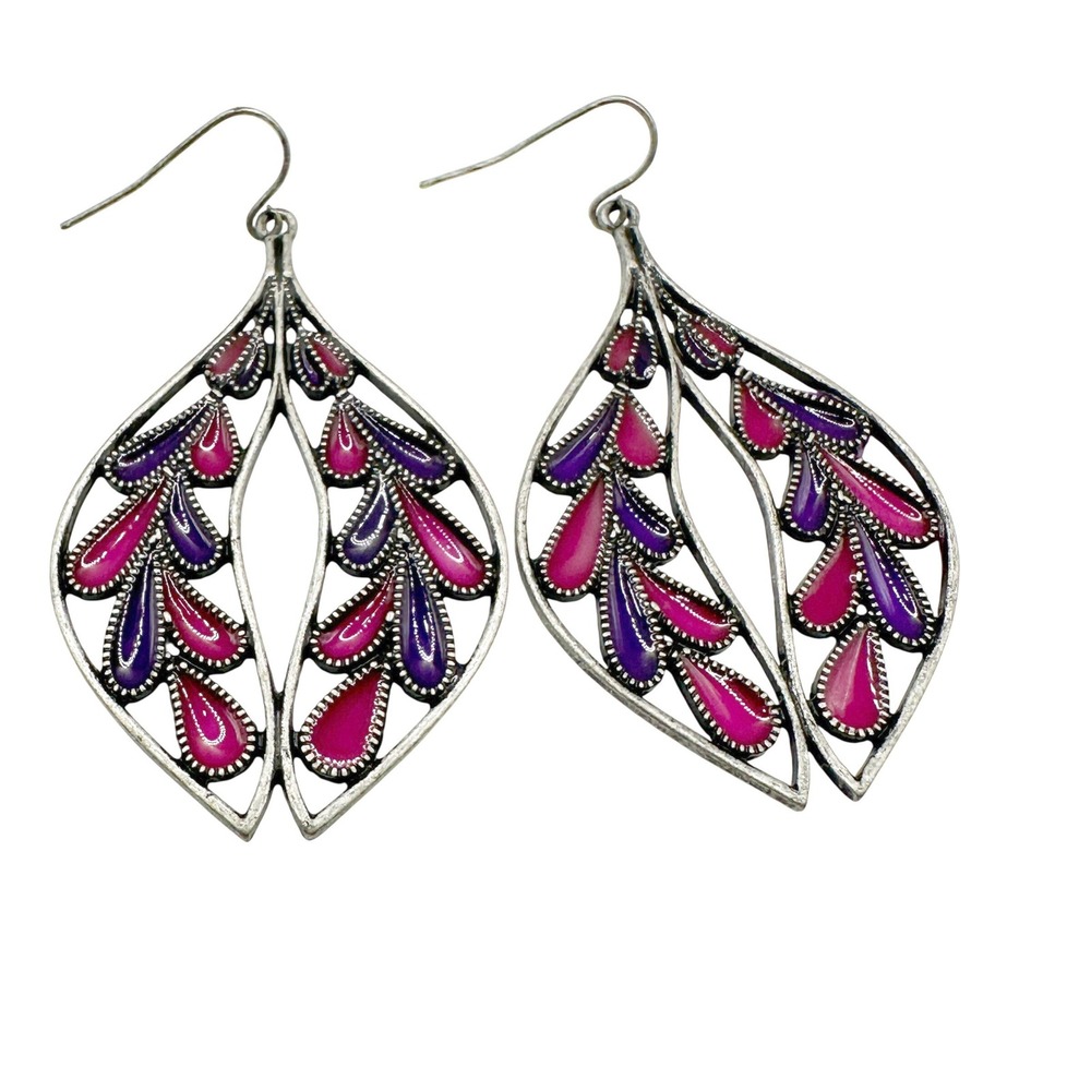 Vintage Pewter Openwork Enamel Leaf Dangle Earrings Purple Pink Teardrop‎